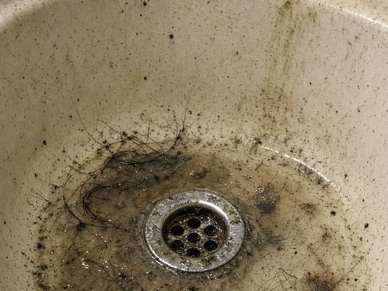 Clogged enamel sink basin with standing water around a corroded drain grate