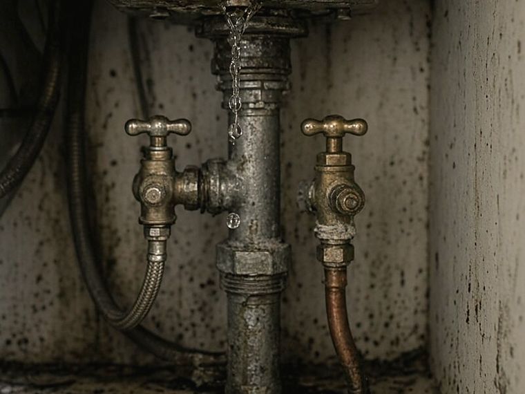 Old brass shutoff valves and galvanized pipe under a wall-hung sink