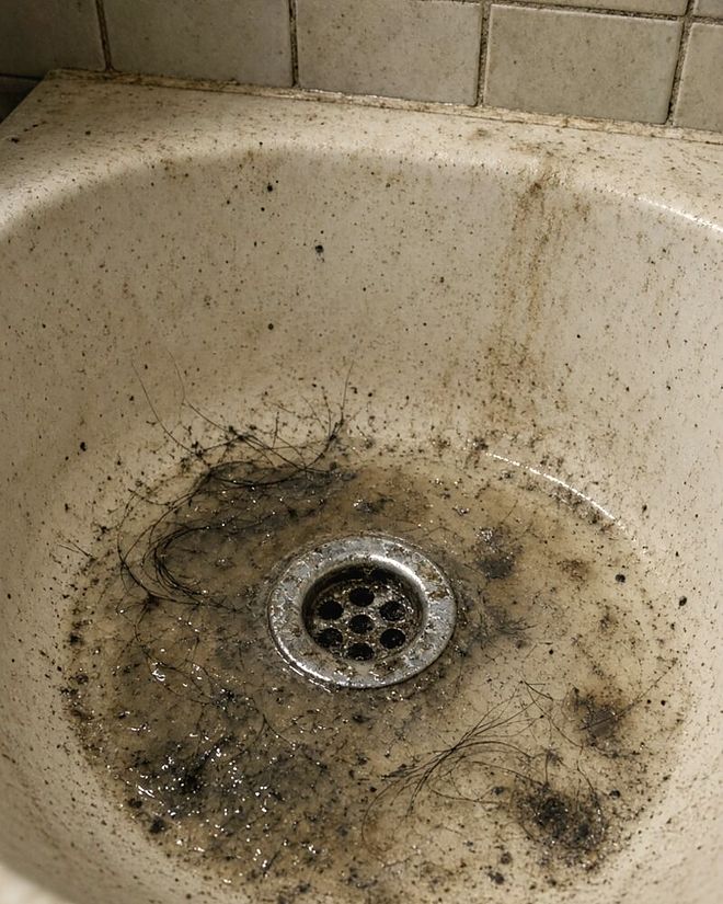 Clogged bathroom sink with standing dirty water and hair around a metal drain grate