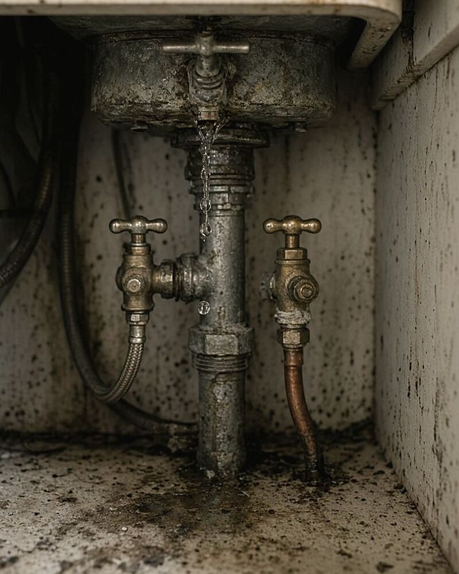 Water dripping from vintage galvanized trap and shutoff valves under an old kitchen sink